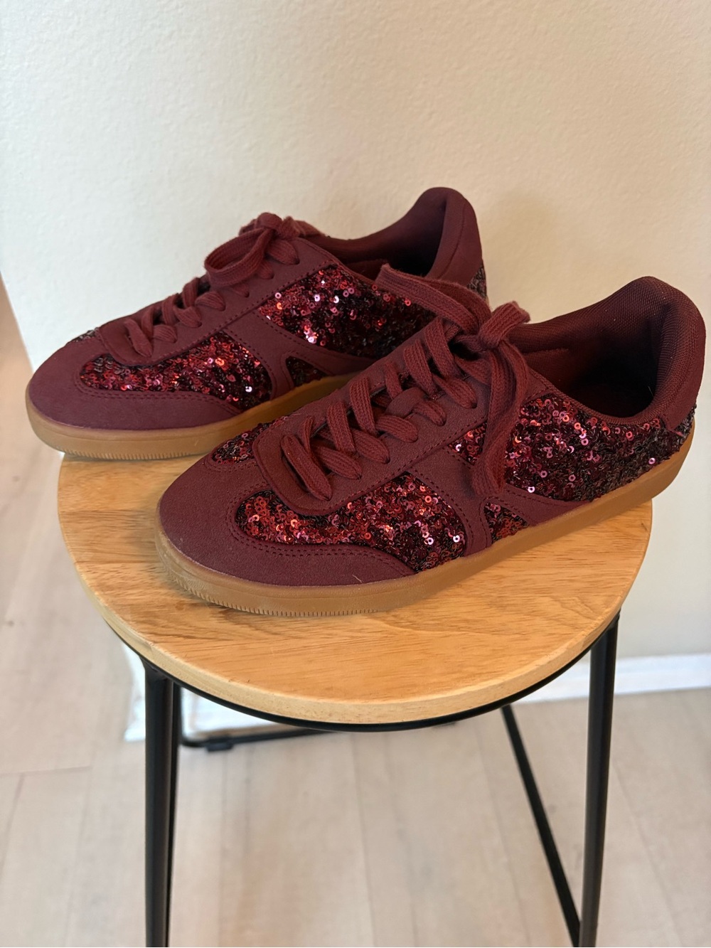 No Boundaries Burgundy Sequin Lace-Up Sneakers - Picture 2 of 6